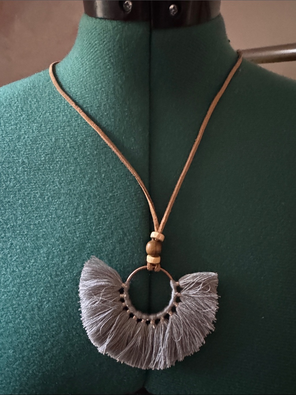 Handmade Gray Fringe Pendant Necklace with Wood Beads